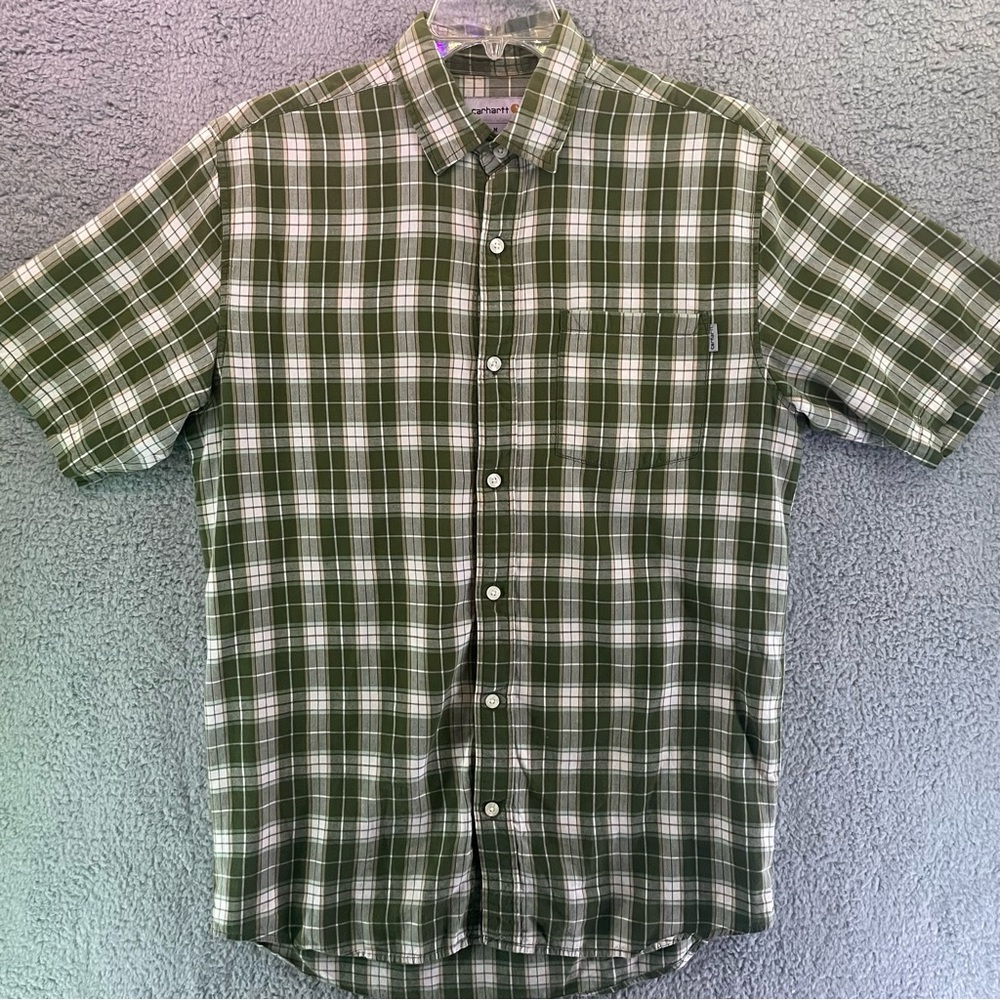 Carhartt Mens Size M Shirt Short Sleeve Plaid Button Up Pocket Logo